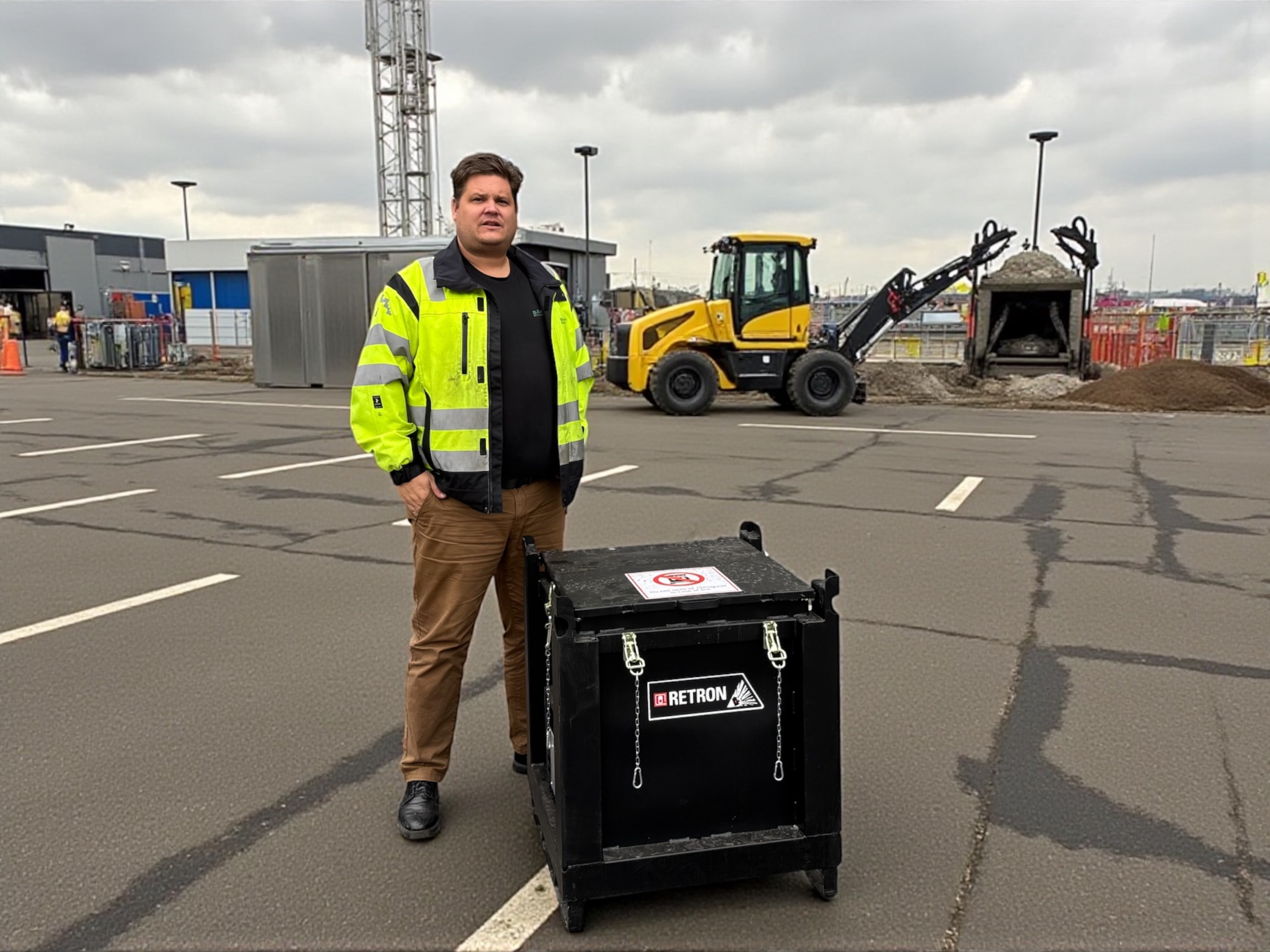 Marcus Sånart vid en transportlåda av ett farligt litiumbatteri
